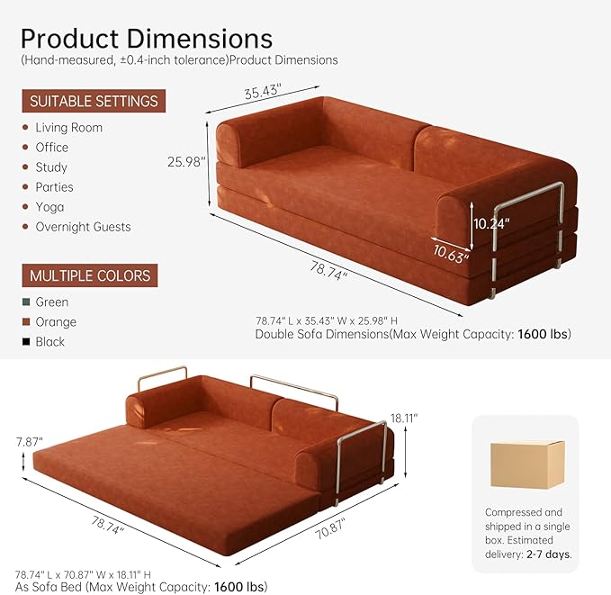 79” Convertible Sofa Bed 35D High-Density Foam&ampCorduroy Fabric Sleeper Couch Bed Fixed-Shape Frame &amp Removable ArmrestsModular Folding Small Loveseat Futo Sectional Funto Couch for Small S