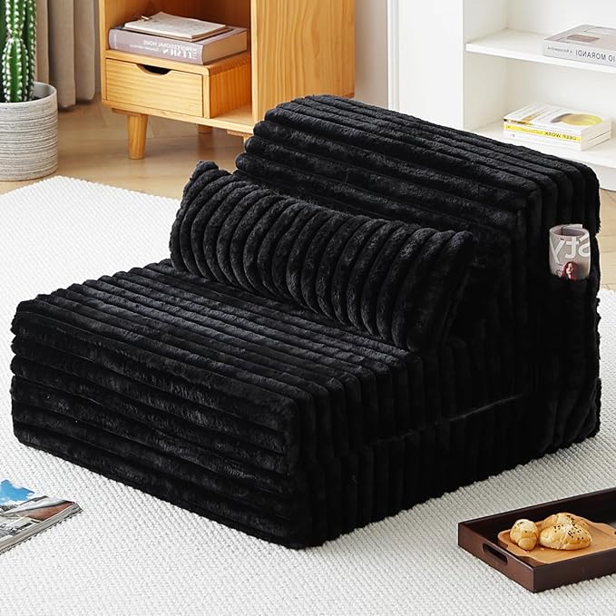 Tiita Folding Sofa Bed Single Size Convertible Sleeper Chair Mattress with Pillow Thick Corduroy Floor Mattress Couch Bed with Side Pocket Guest Room Dorm Apartment Black