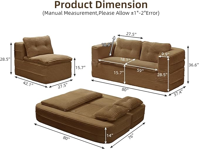 Sleeper Sofa with Chaise Lounge Convertible Sectional Couch Bed Plush Corduroy 3-Seat Sofa with Blanket Deep Seat King Size Sleeper for Small Apartment No Assembly Required (Camel)