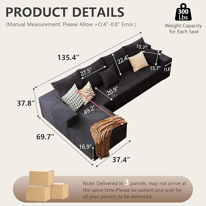 135.4 Cloud Sectional Couch with L-Shape Chaise Modern Corduroy Boneless Deep Seat Sofa 4-Seater Modular Sleeper Couch for Living Room Bedroom Apartment No Assembly (Black Left-Facing Chaise)
