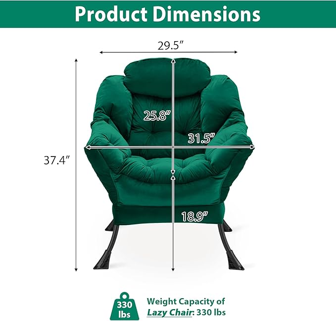 Lazy Chair Thick Padded Comfy Velvet Accent Lounge Chair with Stable Frame Leisure Sofa Armchair with Armrests and Side Pocket Reading Chair for Bedroom Living Room Office Green