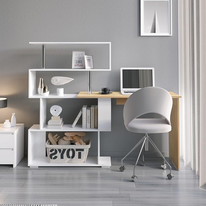 41.7 L Shaped Desk with 4-Tier Storage Shelves Computer Corner Desk for Study Home Office Living Room (Oak and White)