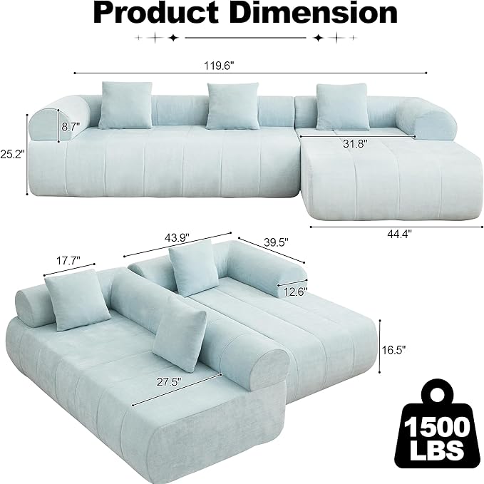 119'' Curved Boneless Sofa Couch 3 Seat Cloud L Shaped Deep Seat Couches for Living Room No Assembly Modular Sofa with Right Chaise Lounge Blue