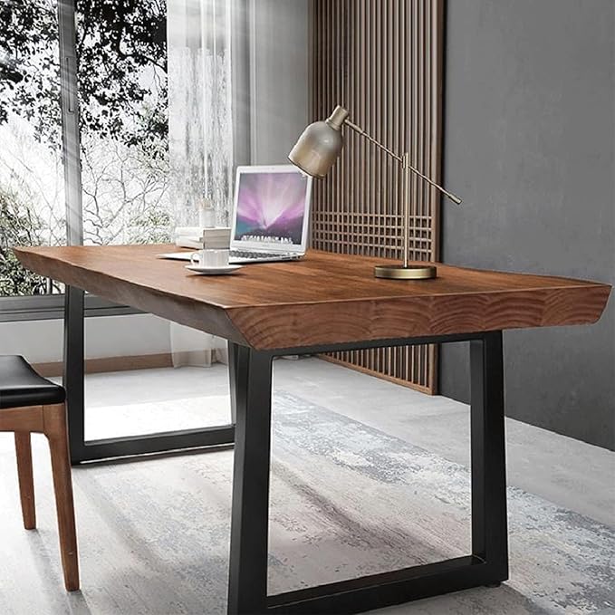 Modern Minimalist Solid Wood Office Desk with Metal Base Easy to Assemble Durable Writing Table Dining Table Computer Desk Multiple Ideal for Living Room and Dining Room (70.8inch)