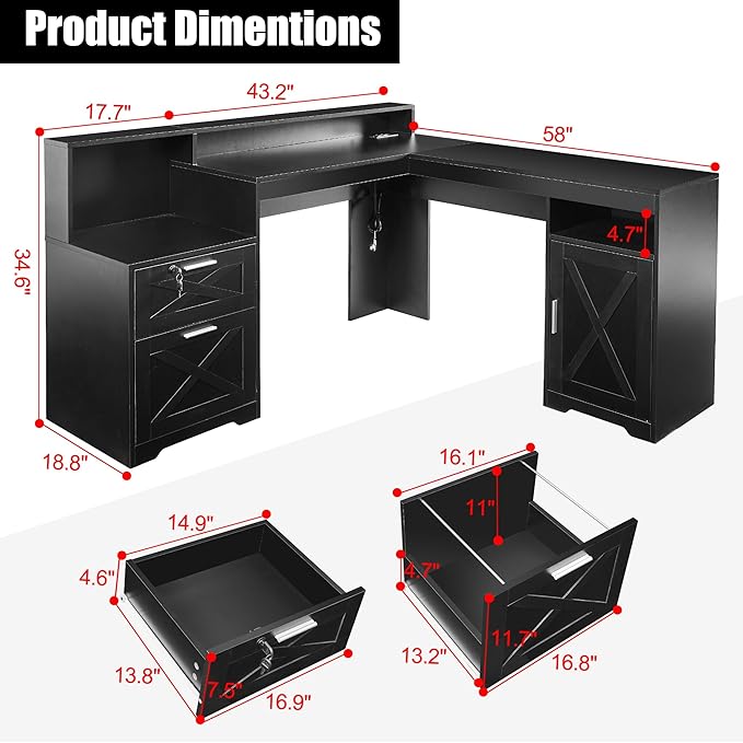 60 L Shaped Executive Desk with Printer SpaceCorner Computer Desk with Power OutletsLockable Drawers &amp Adjustable File CabnetL Shaped Office Desk with Monitor Stand (Black)