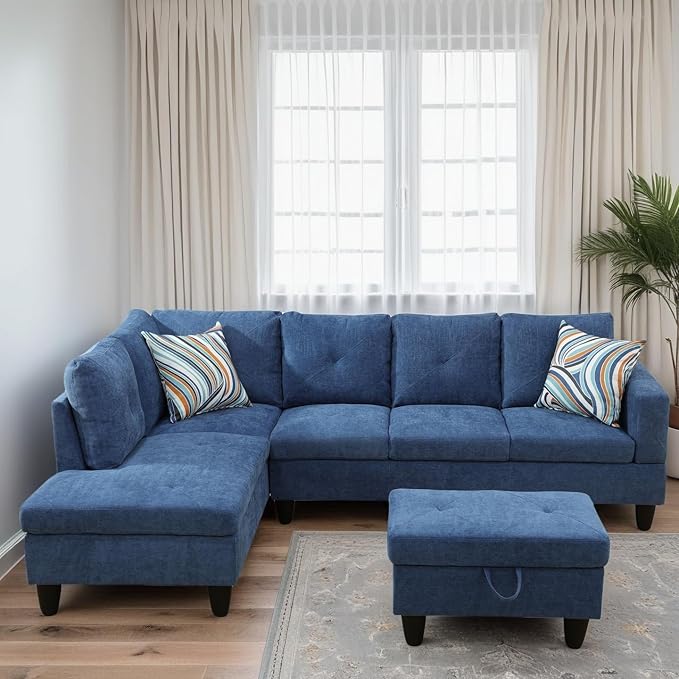 L Shaped Couches for Living Room Sectional Couch Living Room Furniture with Storage Ottoman Modular Sectional Sofa with Movable Chaise for Apartment Office Blue