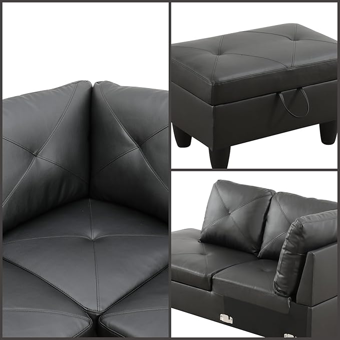 L-Shaped Sectional Sofa with Movable Chaise &amp Storage Ottoman Leather 3-Piece Modular Convertible Couches for Living Room Black