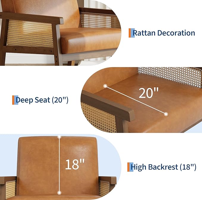 GAOMON PU Leather Accent Chair Rattan Armchair with Wooden Armrest and Legs Modern Lounge Chair for Living Room/Bedroom/Reading Room/Waiting Room Brown