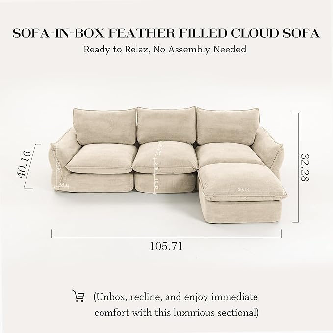 106'' Down Blend L-Shaped Sectional Sofa Deep Seat Feather-Filled Cushions Oversized Cloud Couch with Sink-in Comfort Modern Living Room Sofa – Ivory White