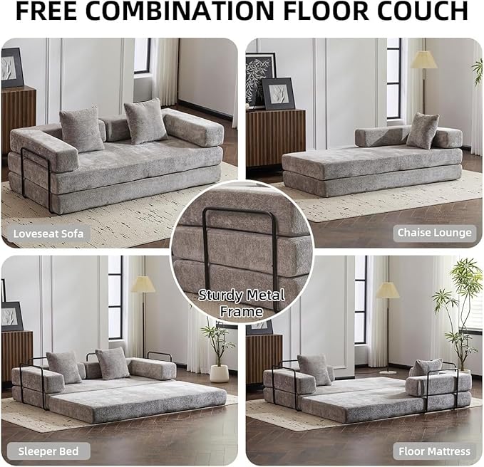 Convertible Sleeper Sofa Bed with Fixed-Shape Frame Floor Sofa Lounge Couch with Cylindrical Pillow Chenille Folding Mattress Couch for Living Room Bedroom-Stone Grey