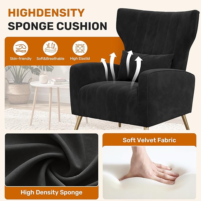 Velvet Accent Chair Wingback for Living Room High Back Arm Chair with Golden Legs Lumbar Pillow Upholstered Single Sofa Bedroom Black