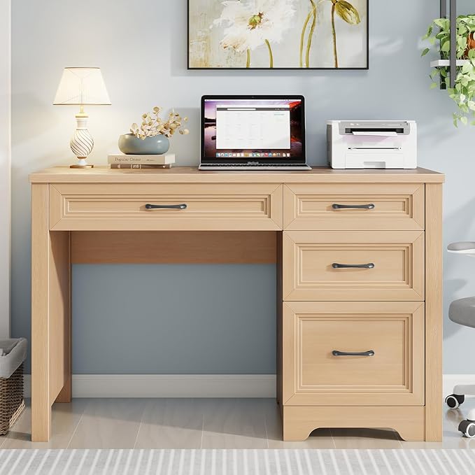 Farmhouse Executive Desk with Drawers Wood Computer Desk with Ample File Drawer Rustic Home Office Desk with Storage for Bedroom Living Room Natural
