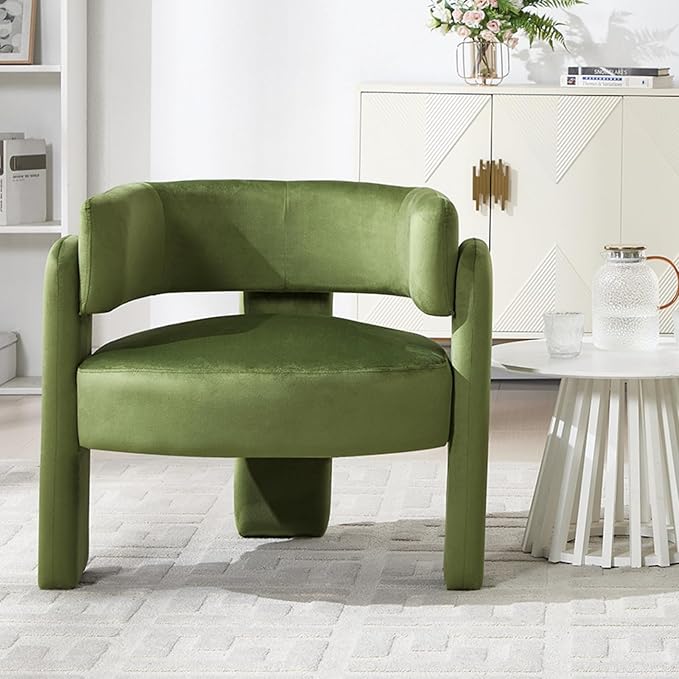 Barrel Accent Chair Mid Century Modern Upholstered Living Room Chairs with Wooden Legs Comfy Velvet Reading Arm Chair for Bedroom Makeup Room Green