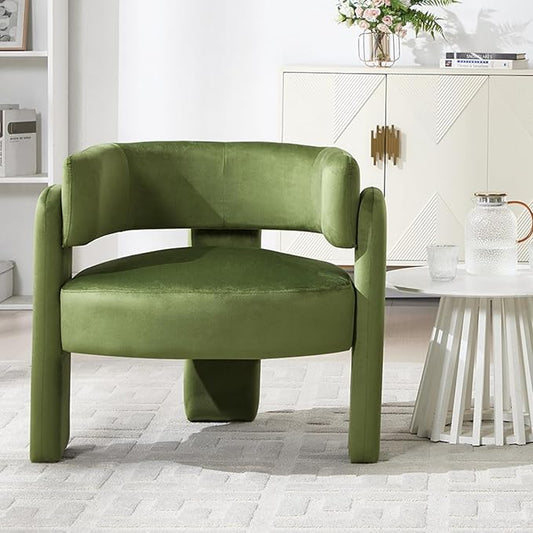 Barrel Accent Chair Mid Century Modern Upholstered Living Room Chairs with Wooden Legs Comfy Velvet Reading Arm Chair for Bedroom Makeup Room Green