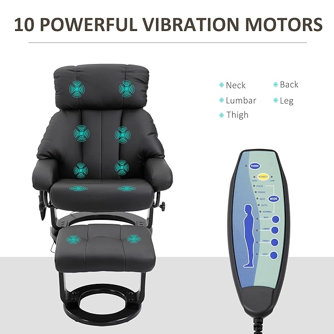HOMCOM Massage Recliner Chair with Ottoman 360° Swivel Recliner and Footstool 10 Point Vibration PU Leather Reclining Chair with Side Pocket and Remote Control Black