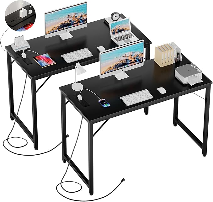 47 Inch Computer Desk with Magic Power Outlets and USB Charging Ports Modern Home Office Desks Sturdy Simple Writing Table Laptop PC Gaming Desk for Bedroom Workstation Black 2 Pack