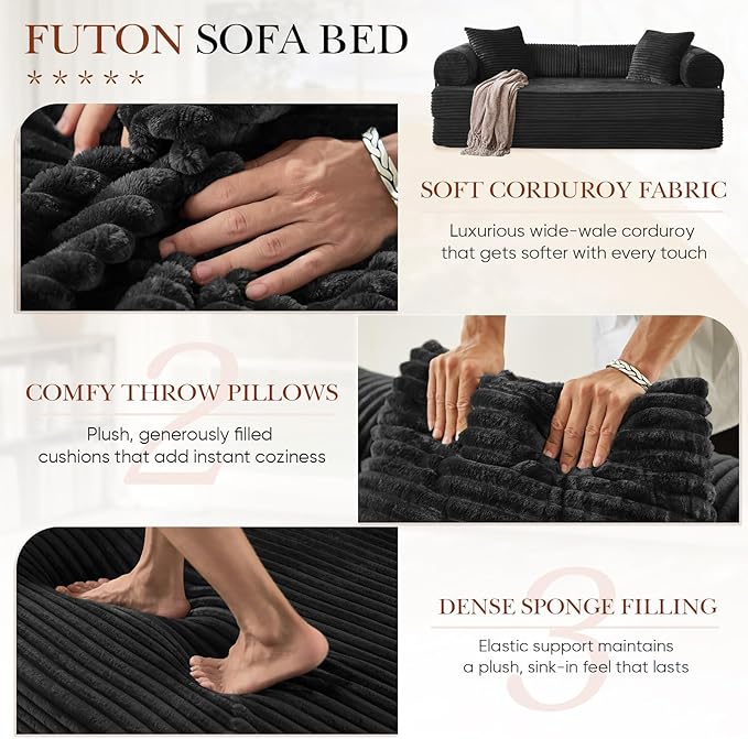 Modular Couch Bed Convertible Folding Plush Corduroy Comfy Floor Memory Foam Compression Loveseat Sleeper Sofa Couch King Size Bed for Guest Room Living Room Bedroom No Assembly Required Black