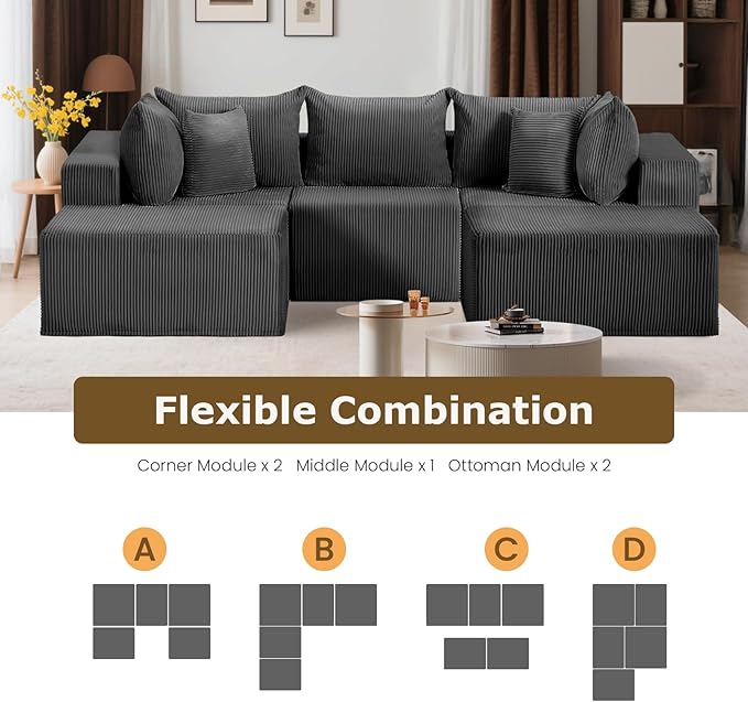 104 Cloud Couch Sectional U Shaped Boneless Couches for Living Room Corduroy Modern Modular Sectional Sofa No Assembly Required (Grey U-Shaped)