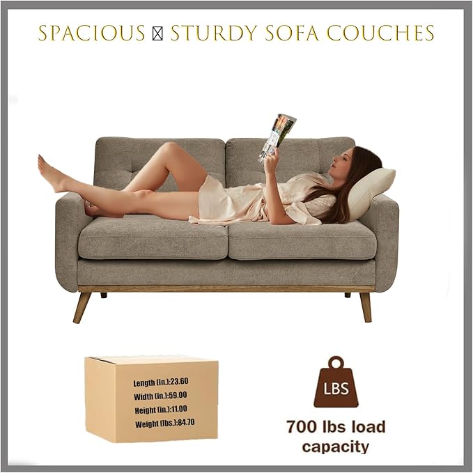 67 Khaki Loveseat Sofa Mid Century Modern Love Seat Sofas and Comfy Couches for Living Room Button Tufted Small Cloud Couch for Bedroom Office Apartment Small Space Easy Assembly (Khaki)