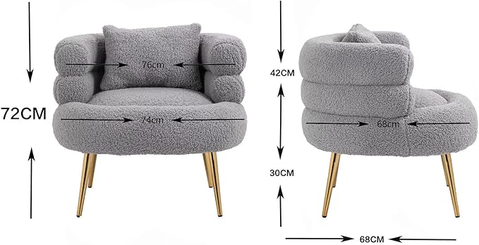 ZOBIDO Modern Accent Lambhair Chairs Comfy Upholstered Vanity Chairs for Bedroom Armchair Dining Chairs with Golden Metal Legs Desk Chair Single Person sofafor Living Room (Light Grey)