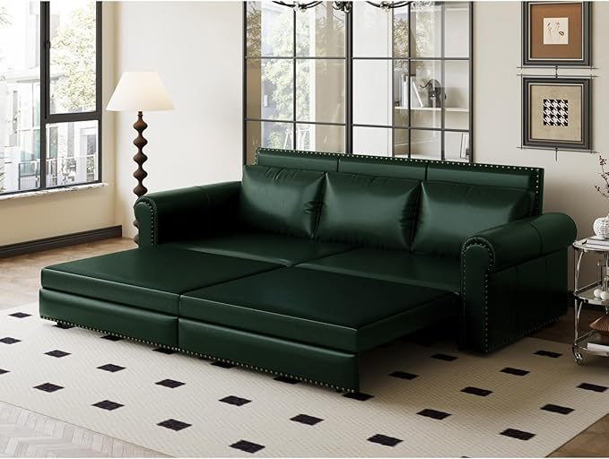 93.7 King Size Chesterfield 3-seat Pull Out Sofa Bed Leather Sofa Bed with Nailhead Trim and Rolled Arm 3-in-1 Sofa Sleeper for Living Room Apartment Office Green