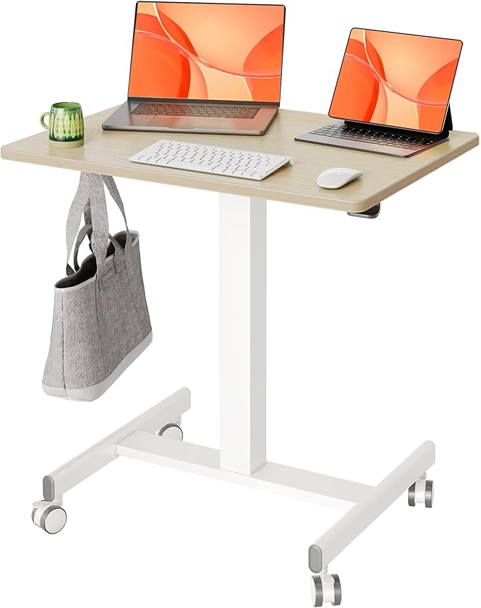 YDN Mobile Mobile Standing Desk Adjustable Height Portable Laptop Desk with Lockable Wheels 25.5 x 18.8 Rolling Desk with Hook for Computer Workstation Natural