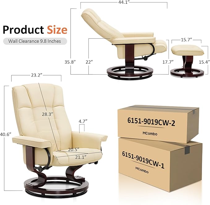 MCombo Manual Swivel Recliner with Ottoman Chair Ottoman Set for RV Small Spaces Living Room Bedroom Office 9019 4919 (Faux Leather Cream White)