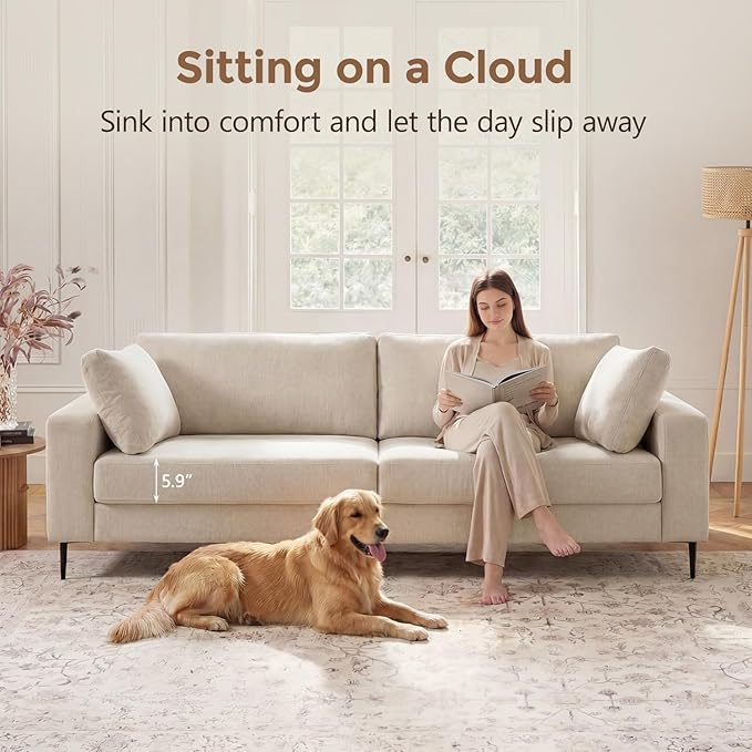 84.3 Modern Loveseat Sofa Comfy Couches with Spring Cushion Solid with Wood Frame 2 Pillows Included Mid Century Modern Design Home Sofa for Living Room Off White