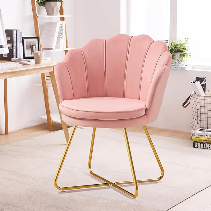 Furniliving Pink Vanity Chairs Velvet Makeup Chair for Bedroom Home Office Desk Chair with Gold Plating Legs Cute Accent Chair for Makeup Room Bedroom Living Room Guest Reception (Velvet Pink)