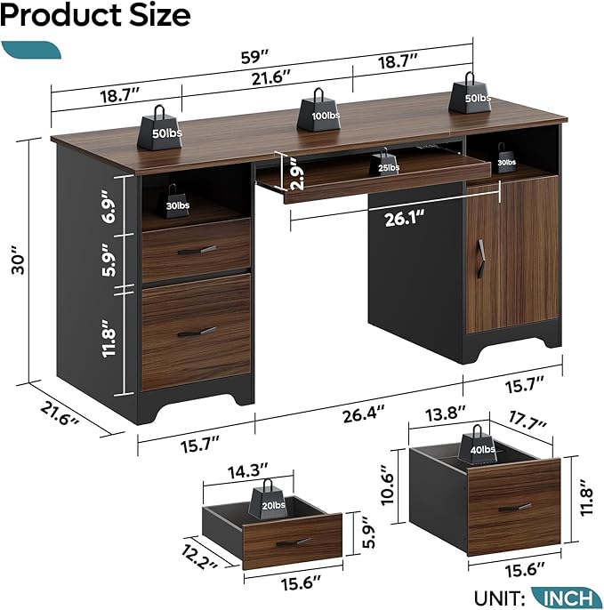 Bestier 59” Executive Desk with 2 Drawers Computer Desk with Storage Cabinet Industrial Wood Desk with File Drawer Keyboard Tray &amp 2 Pedestals for Home Office &amp Studio Cherry