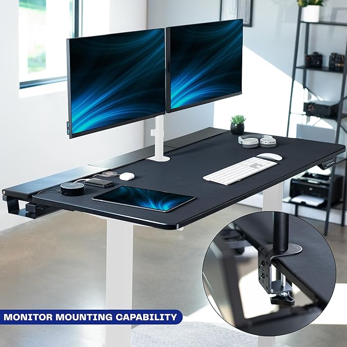 VIVO Electric 60 x 30 inch Standing Desk with Concealed Trays and Full-Size Mouse Pad Dual Motor Memory Controller Height Adjustment Black Top White Frame DESK-KIT-E2W-P3B
