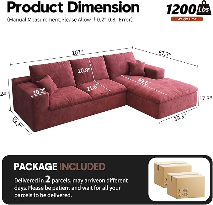 107'' L-Shaped Modern Modular Sectional Cloud Couch 4-Seat Chenille Deep-Seat Sofa with Pillow for Living Room Bedroom Apartment Wine Red
