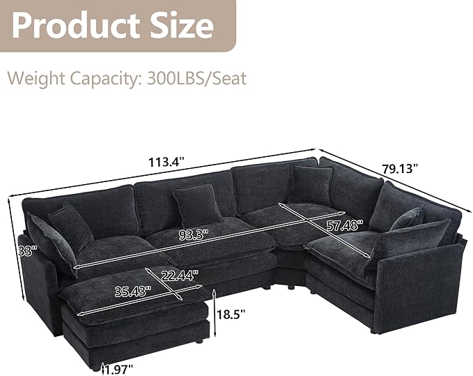 113.4 Deep Seat Sectional Cloud Sofa with an Ottoman Oversized U Shaped Modular Couch Large 5 Seater Corner Couches for Living Room Black Chenille