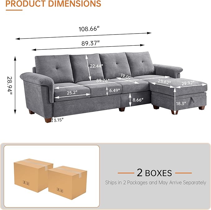 4-Seat Sectional Couches for Living Room Bedroom Office with Storage L Shape Convertible Sectional Sofa Couch with Ottoman and Cup Holders Light Grey