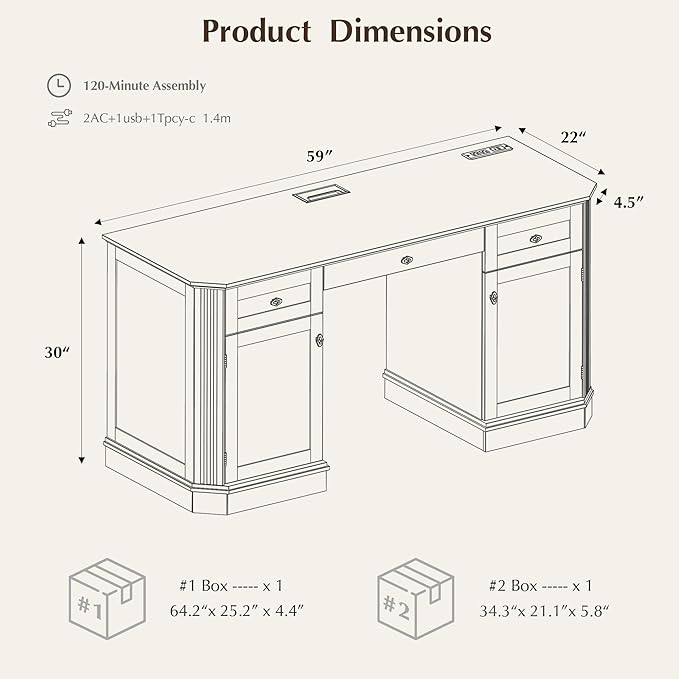 59 Classic Executive Desk with Storage Victorian Executive Desk with Charging Station Keyboard Tray 3 Drawers &amp 2 Cabinet Storage &amp 2 Pedestals Easy Assembly Dark Walnut