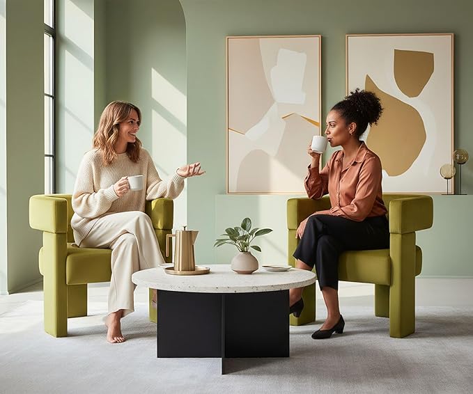 ROCTY Green Velvet Barrel Accent Chairs - Set of 2 Upholstered Side Chairs with Arms for Comfortable Sitting in Living Room or Bedroom