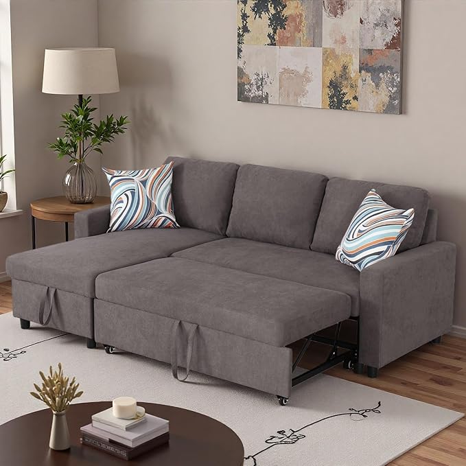 83 Inch Pull Out Couch Convertible Sofa Bed for Living Room Comfortable Sleeper Sofa with Pull Out Bed Modern Sectional Couches with Storage Chaise Easy Assembly for Apartment Dark Brown