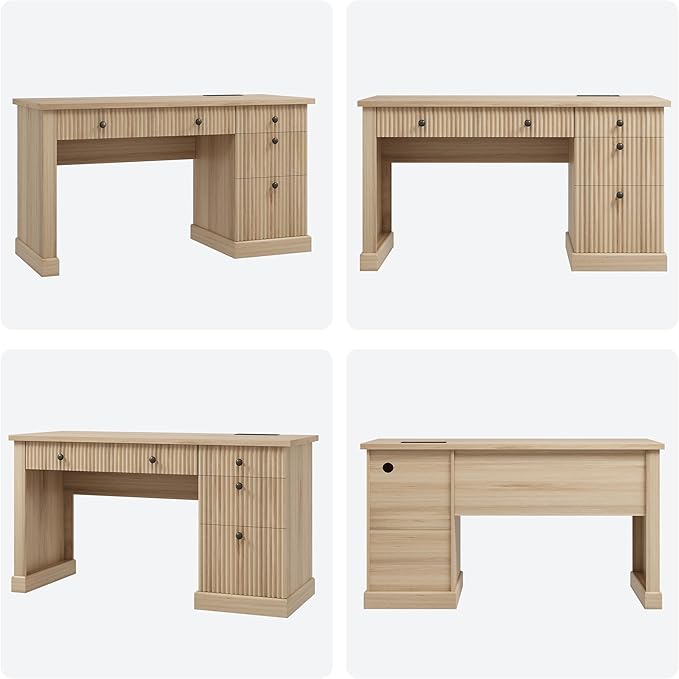GAOMON 54'' Fluted Home Office Desk with Storage Modern Executive Desk with Charging Station Wooden Computer Desk with Drawers for Storage File Writing Desk for Study Living Room Bedroom
