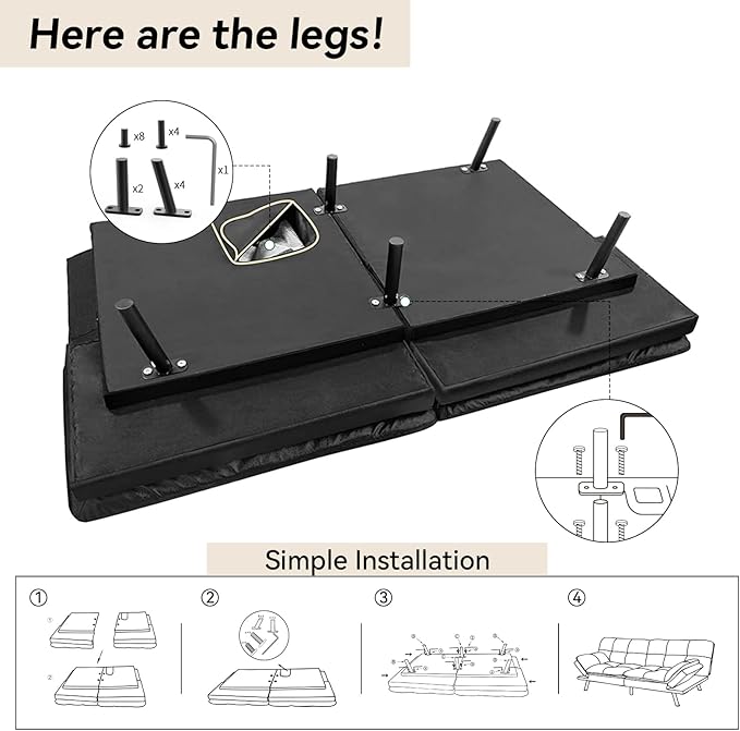 Hcore Convertible Futon Sofa Bed CouchMemory Foam Futon Couch BedLoveseat Sleeper Sofa BedSmall Splitback Faux Leather Modern Sofa Couch for Living RoomOfficeApartmentMatte Black