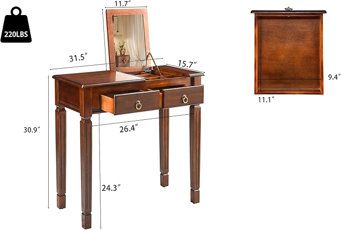 LEEMTORIG 31.5 Solid Wood Small Vanity Desk with Flip-top Mirror Compact Wooden Writing Desk with Drawers 3 in 1 Secretary Desk/Dressing Table/Nightstand for Small Space Cherry Walnut SZT-D0036