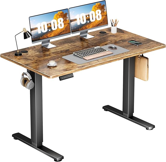 Sweetcrispy Electric Standing Desk Adjustable Height 48x24 Inch Sit Stand Up Home Office Desks Computer Workstation PC Work Table with 3 Memory Preset Splice Wood Board Metal Frame Rustic