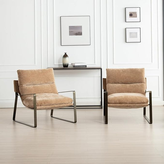 Mid-Century Accent Chair Set of 2 Comfy Chenille Fabric Side Chair with Armrest Upholstered Leisure Chair with Bronze Metal Frame for Living Room Reception Room Khaki