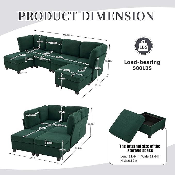 113 U Shaped Modular Sectional Sofa Couch with Storage Ottoman 6 Seat Convertible Upholstered Deep Seat Sleeper Sofa with Chaise Lounge Cloud Couch for Living Room Emerald Green
