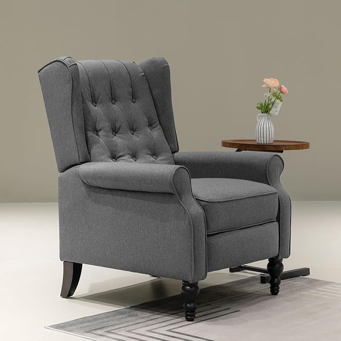 Recliner Wingback Chair Modern Linen Fabric Push Back Recliner Chairs Linen Fabric Single Sofa Lounge Chair Manual Recliner Chai for Adults Living Room Bedroom (Gray)