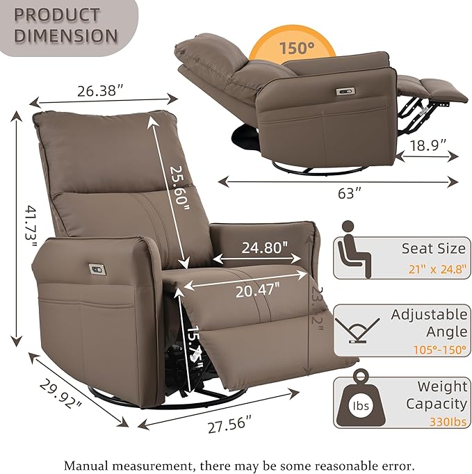 Power Swivel Rocker Recliner Chair for Nursery Upholstered 270° Swivel Glider Rocker Chair with USB Ports Small Power Recliners for Small Spaces Living Room (Brown)
