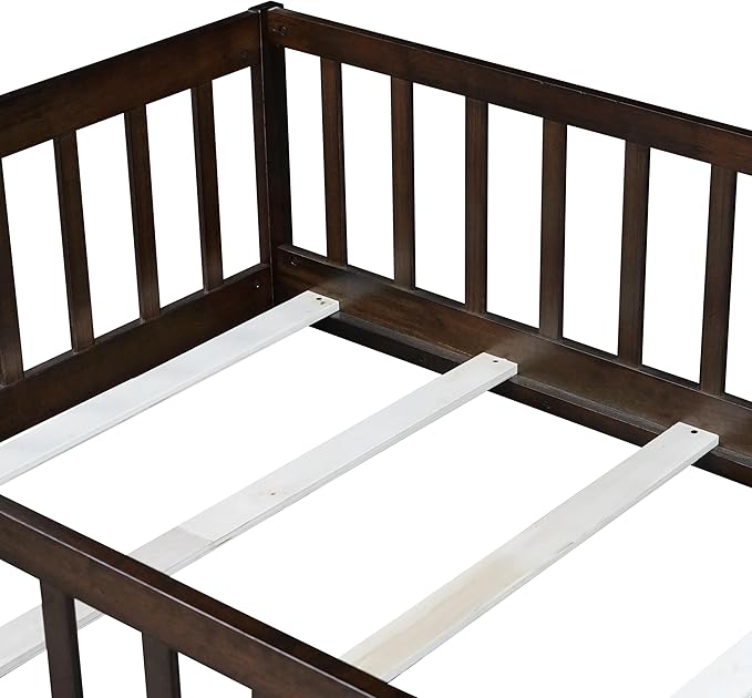 Bellemave Twin Floor Bed Frame with Slats and Safety Guardrail Wood Twin Size Montessori Floor Bed with Door and Fence Easy Assemble Montessori Beds for Kids Girls Boys Espresso