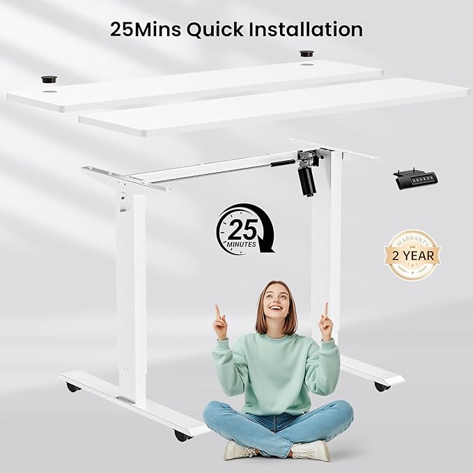 farexon Electric Standing Desk Adjustable Height 48x24 Inches Stand Up Desk with 4 Preset Heights Lockable Casters Double Hooks27''-46'' Lifting Range Home Office Computer Desk（White）