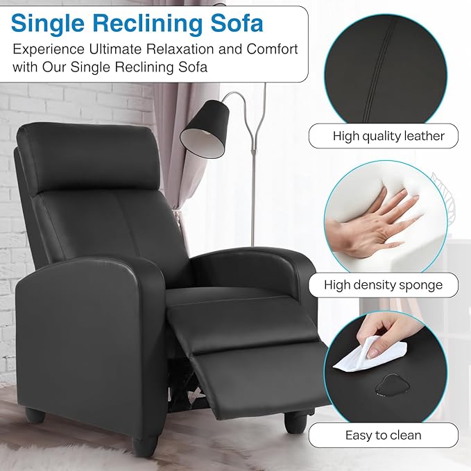 Recliner Chair Living Room Chair PU Leather Reclining Sofa Lounge Home Theater Seating with Lumbar Support Overstuffed High-Density Sponge Push Back Recliners Armchair for Living RoomBlack