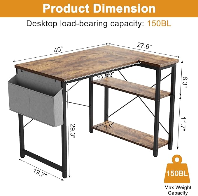 Grandder L Shaped Computer Desk with Reversible Shelves 40 Inch Small Corner Desk with Storage Bag Gaming Desk Computer Table Study Writing Desk for Home Office Small Space Rustic Brown
