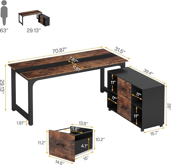 Tribesigns 70.8 L-Shaped Executive Office Desk with Drawer Cabinet Large L-Shaped Computer Desk with 39.4 File Cabinet Printer Stand Home Office Workstation Business Furniture Set Brown/Black